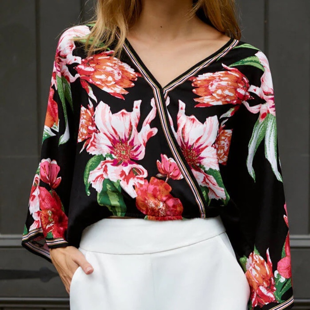 Flying Tomato Black Floral Wrap Blouse with Pink & Green Accents